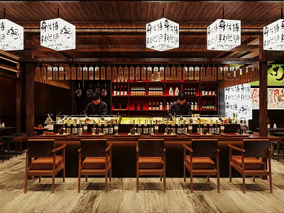 Traditional Japanese Restaurant Interior With Wooden Bar Counter Leather Chairs And Hanging Signs 3d model