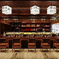 Traditional Japanese Restaurant Interior With Wooden Bar Counter Leather Chairs And Hanging Signs