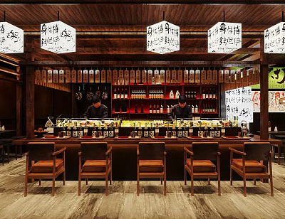 Traditional Japanese Restaurant Interior With Wooden Bar Counter Leather Chairs And Hanging Signs 3d model