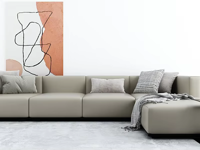 Beige Sectional Sofa With Gray And Striped Pillows Abstract Wall Art And Gray Carpet 3d model