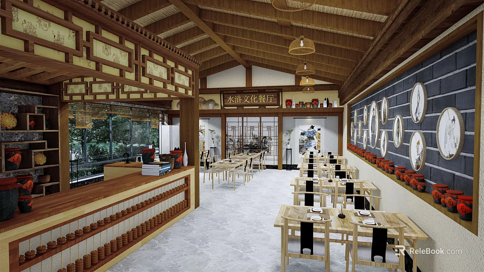 Traditional Chinese Restaurant Interior With Wooden Tables Chairs Hanging Lanterns And Open Layout Windows 3d model 