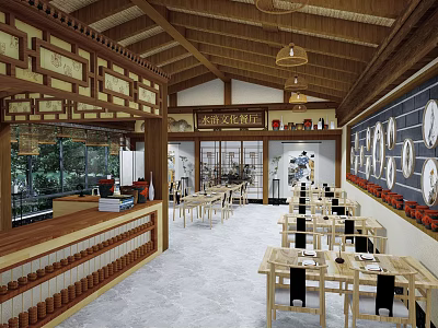 Traditional Chinese Restaurant Interior With Wooden Tables Chairs Hanging Lanterns And Open Layout Windows 3d model