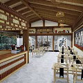 Traditional Chinese Restaurant Interior With Wooden Tables Chairs Hanging Lanterns And Open Layout Windows