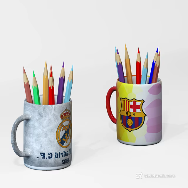 Two Decorative Mugs Holding Colored Pencils With Football Club Logos 3d model 