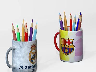 Two Decorative Mugs Holding Colored Pencils With Football Club Logos 3d model