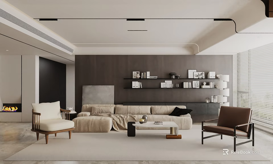 Modern Living Room Interior With Beige Sofa Brown Armchair Wooden Coffee Table And Bookshelf Wall 3d model 