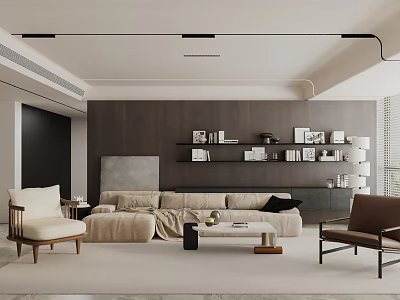 Modern Living Room Interior With Beige Sofa Brown Armchair Wooden Coffee Table And Bookshelf Wall 3d model