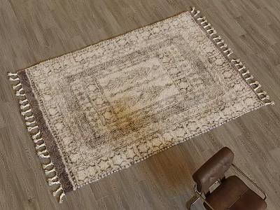 Beige Square Rug with Geometric Pattern Fringed Edges on Wooden Floor and Leather Chair 3d model