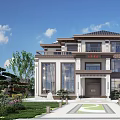 Elegant Detached Villa Exterior Design With Front Yard Greenery And Glass Windows
