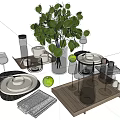 Delicate Restaurant Table Setting With Fine Tableware Wine Glasses Green Plants Wooden Tray And Apples