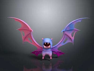 Cartoon Bat Character With Spread Purple Pink Gradient Wings And Smiling Expression On Dark Background 3d model
