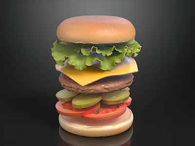Classic Burger With Soft Bun Fresh Lettuce Melty Cheese Beef Patty Pickles And Tomato 3d model