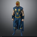 Man Wearing Blue Superhero Costume With Gold Helmet Star Emblem and Cloak