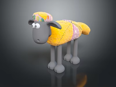Gray Sheep Cartoon Character With Colorful Hat Yellow Outfit And Pink Patterns 3d model