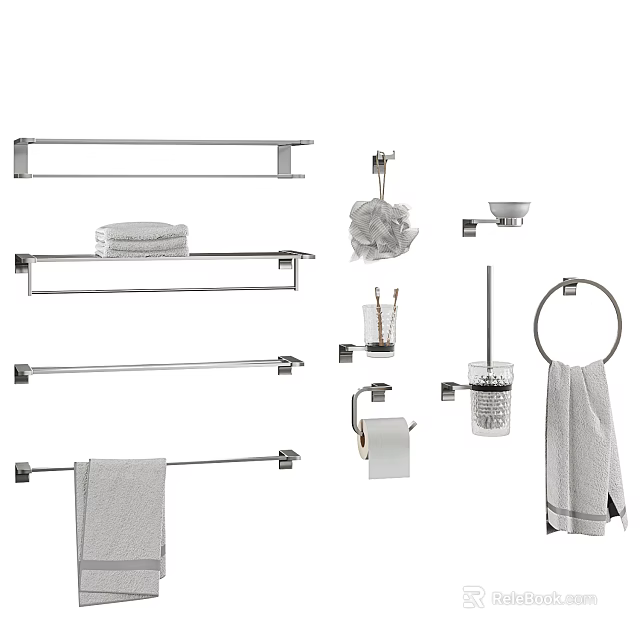 Essential Bathroom Accessories Including Towel Bars Soap Dish Toilet Brush Paper Holder And Ring 3d model 