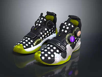 Stylish Black And White Polka Dots Sneakers With Yellow Soles Green Details And Purple Accents 3d model
