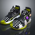 Stylish Black And White Polka Dots Sneakers With Yellow Soles Green Details And Purple Accents