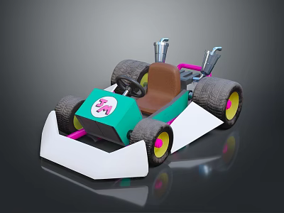 Turquoise And White Toy Go Kart With Brown Seat Black Wheels And Circular Logo Featuring Number 34 3d model