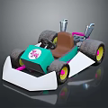 Turquoise And White Toy Go Kart With Brown Seat Black Wheels And Circular Logo Featuring Number 34