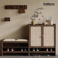 Modern Wooden Shoe Cabinet with Double Woven Doors Bench and Wall Hooks