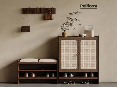 Modern Wooden Shoe Cabinet with Double Woven Doors Bench and Wall Hooks 3d model
