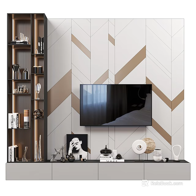 Modern TV Wall With Geometric White And Gold Pattern Floating Shelves Decorative Console Table 3d model