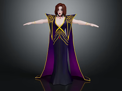 Elegant 3D Female Character in Purple Black Robe with Golden Accents as Magical Creature 3d model