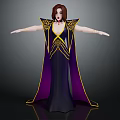 Elegant 3D Female Character in Purple Black Robe with Golden Accents as Magical Creature
