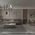 Modern Living And Dining Room Interior With Sofa Coffee Table TV Unit And Chandeliers