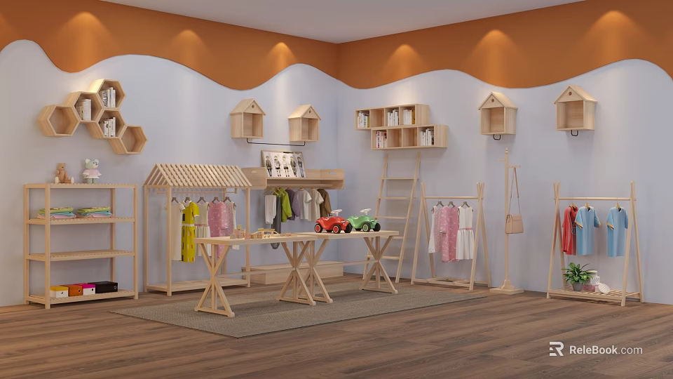 Wooden Display Shelves For Children's Store With Clothes Racks And Birdhouse Shaped Shelves 3d model 