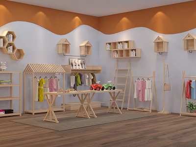Wooden Display Shelves For Children's Store With Clothes Racks And Birdhouse Shaped Shelves 3d model