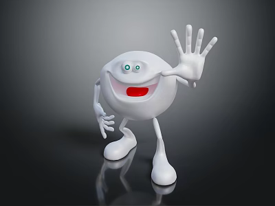 Cartoon White Character With Smiling Face Green Eyes Red Mouth Waving Hand On Black Surface 3d model