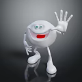 Cartoon White Character With Smiling Face Green Eyes Red Mouth Waving Hand On Black Surface
