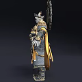 Man In Ornate Gold And Blue Armor With Elaborate Headdress Standing Beside Green Decorative Bottle