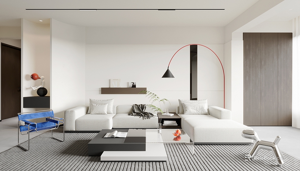 Modern Living Room Interior Featuring White Sofa Geometric Coffee Table Gray Carpet And Black Lamp 3d model 