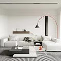 Modern Living Room Interior Featuring White Sofa Geometric Coffee Table Gray Carpet And Black Lamp