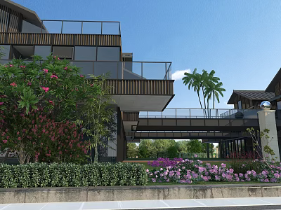 Modern Residential Garden Landscape With Lush Tropical Plants And Colorful Blooming Flowers Beside Luxury Villas 3d model