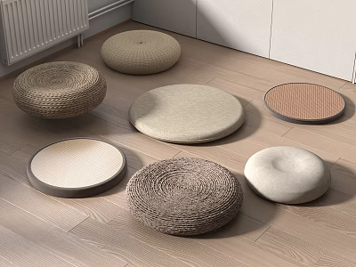 Round Floor Cushions With Various Woven And Fabric Textures On Wooden Floor 3d model