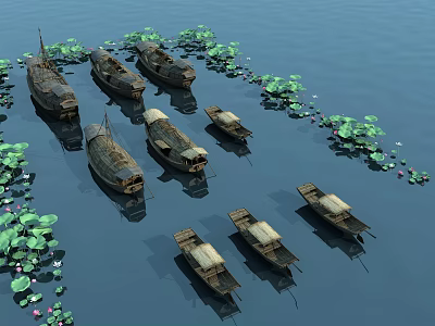 Old Wooden Boats Floating on Calm Water with Green Lily Leaves 3d model