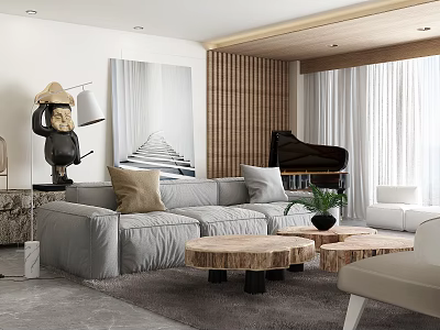 Modern Living Room With Grey Sofa Wooden Coffee Tables And Art Pieces 3d model