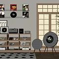 Modern Room Interior With Headphones Speakers On Wooden Shelf Decorative Artwork And Green Plants