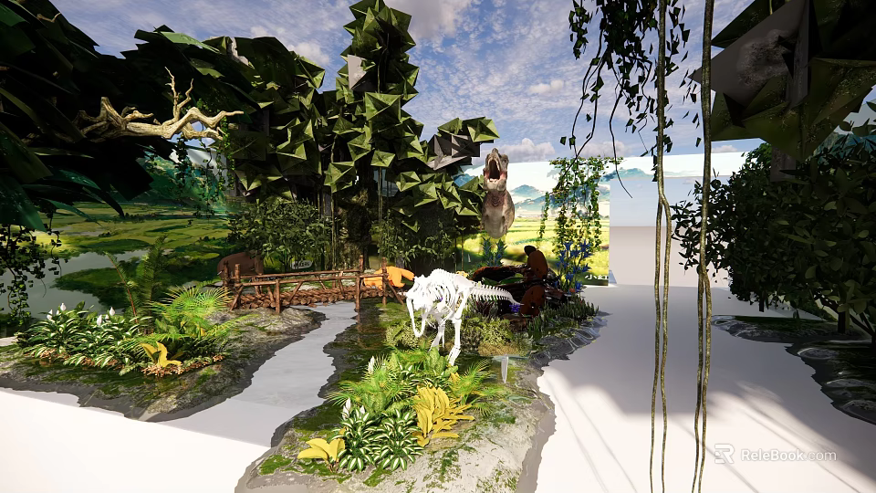 Lush Garden Landscape With Green Plants Hanging Vines And Stone Path 3d model 