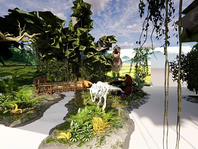Lush Garden Landscape With Green Plants Hanging Vines And Stone Path 3d model