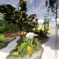 Lush Garden Landscape With Green Plants Hanging Vines And Stone Path