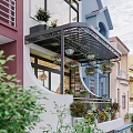 Detached Villa Exterior With Large Windows Greenery And Wooden Gate