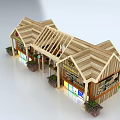 Wooden House Fish And Chips Shop Double Storefront Truss Roof Display Windows And Potted Plants