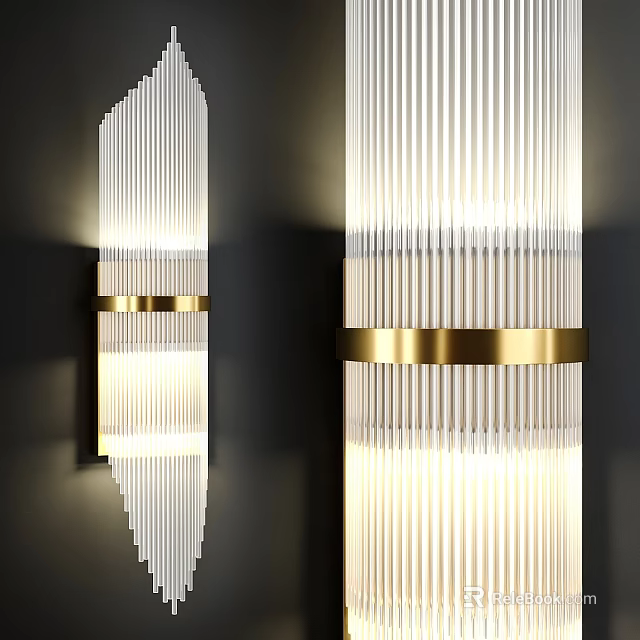 Modern Vertical Striped Wall Sconces with Golden Ring and Soft Lighting on Dark Wall 3d model 