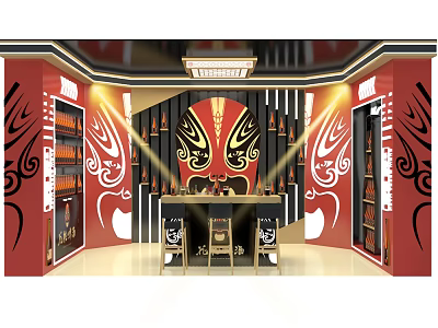 Chinese Opera Themed Display Interior With Mask Decor And Red Black Accents 3d model