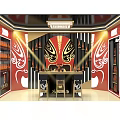 Chinese Opera Themed Display Interior With Mask Decor And Red Black Accents