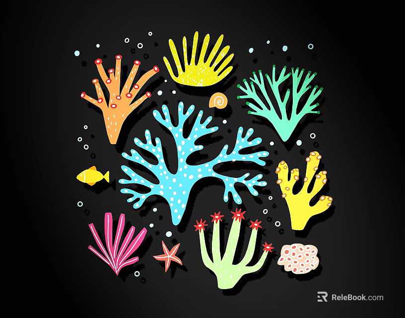 Colorful Ocean Theme Wall Decor With Corals Starfish Small Fish Bubbles And Seashells 3d model 
